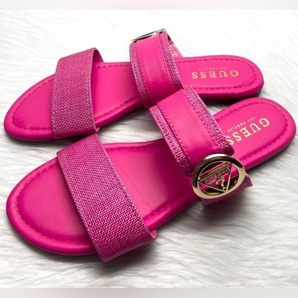 Guess Shoes - Guess Los Angeles Fuchsia and Gold Logo Flat Sandals